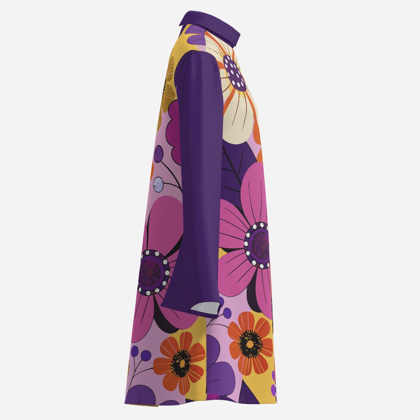 70s Dress Style | Purple Bell Sleeve Tent Dress | Floral Retro 70s Disco Dress | Turtle Neck Mini Dress