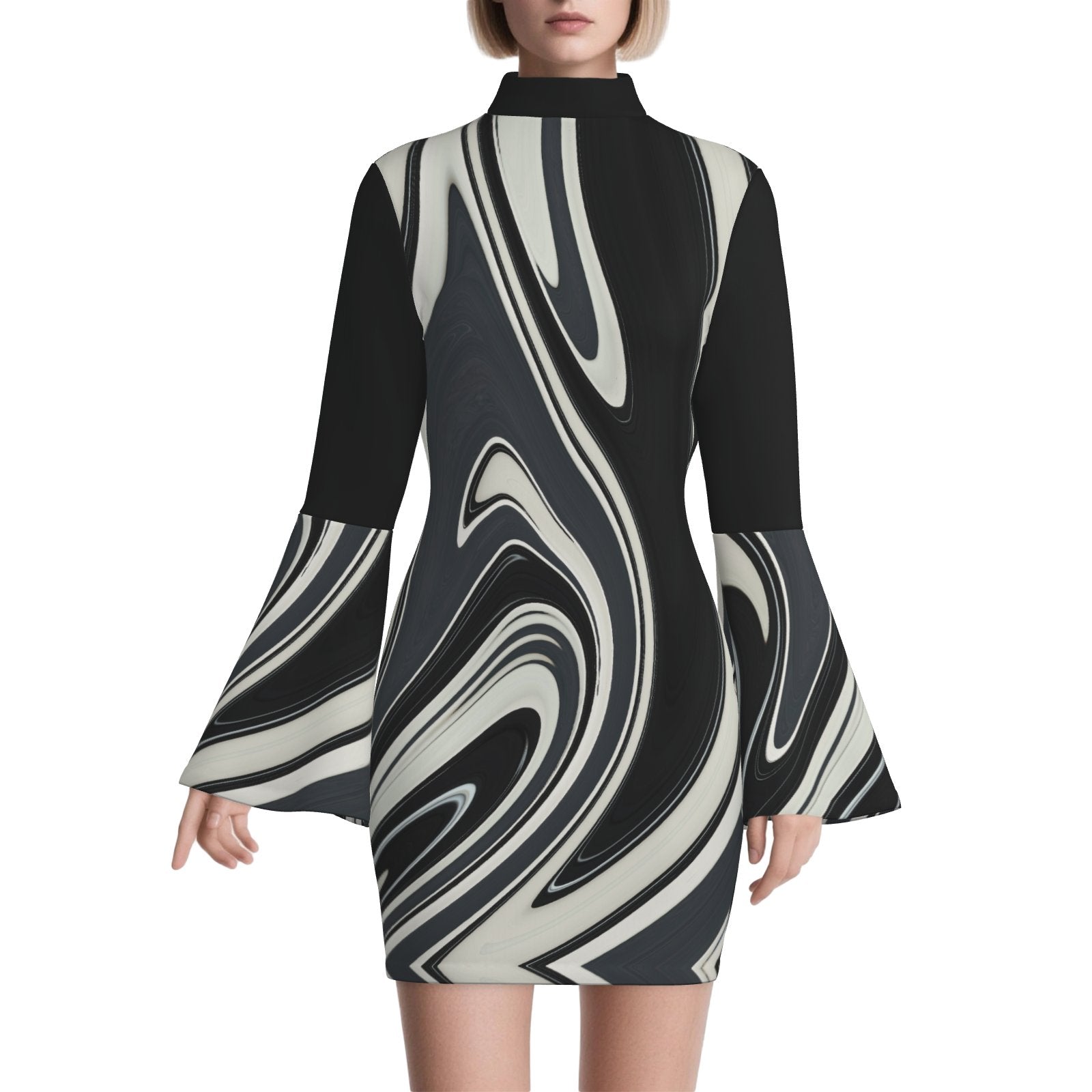 Groovy 70s Style Dress | Abstract Black & Beige Stripe Bell Sleeve Mini Dress