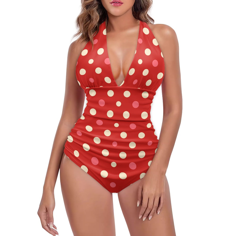 Retro Red polka Dot Swimsuit, Halter Polka Dot Swimsuit, One Piece Swimsuit, Vintage Style Swimsuit