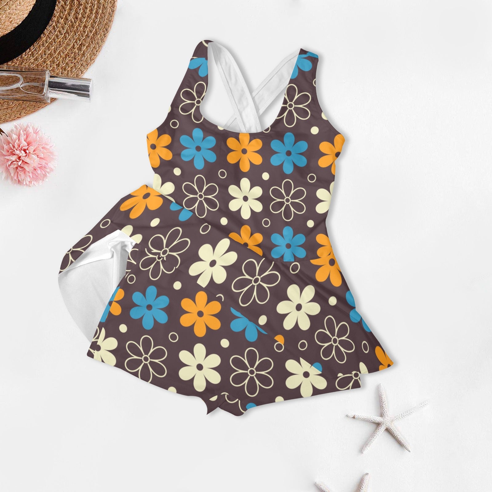 Women's Mod Brown Blue Orange Floral One Piece Skirt Swimsuit