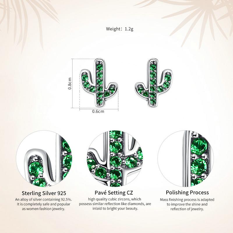 925 Sterling Silver Green Cactus Stud Earrings, Green Crystal Stud Earrings, Plant Earrings
