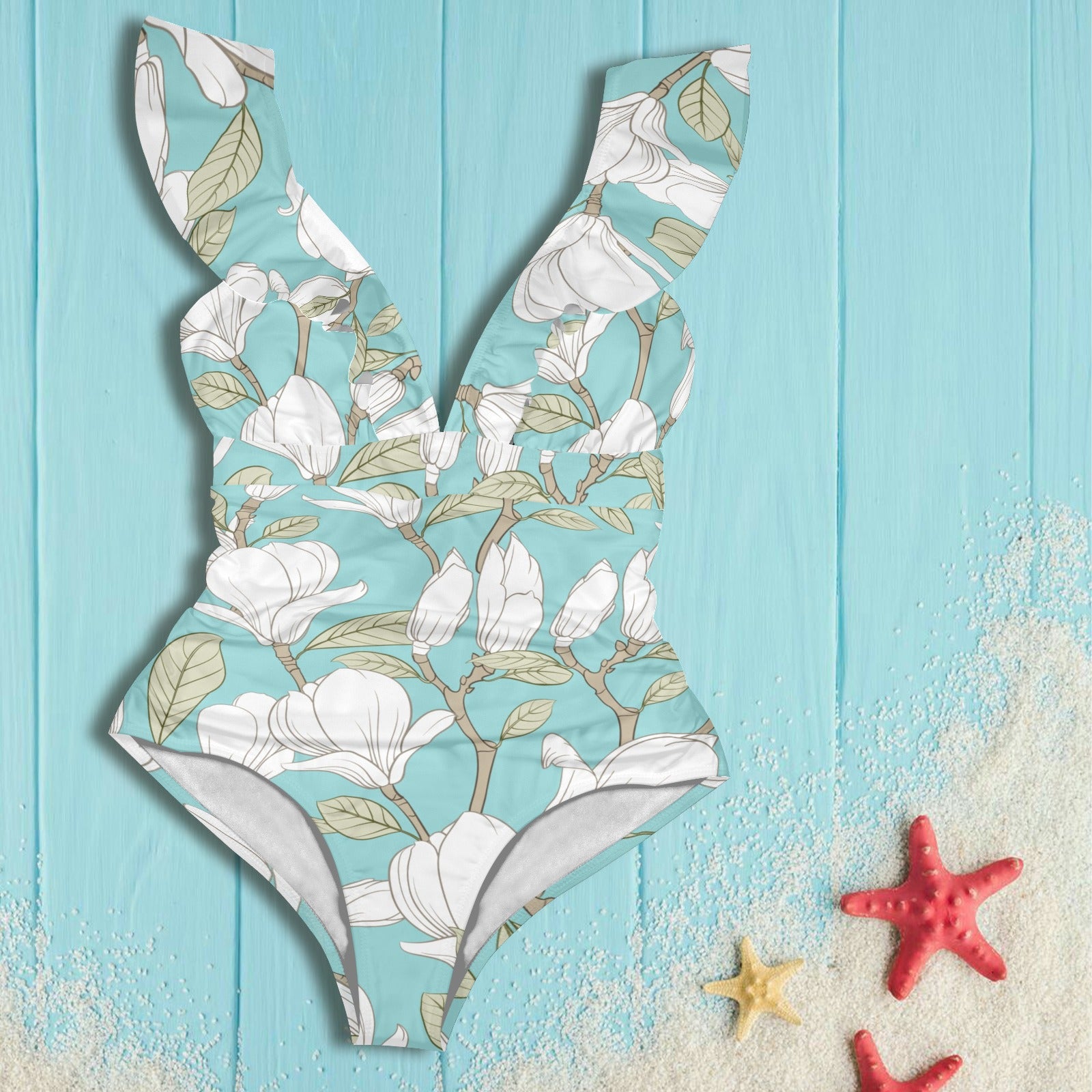 Blue Floral Ruffle Swimsuit