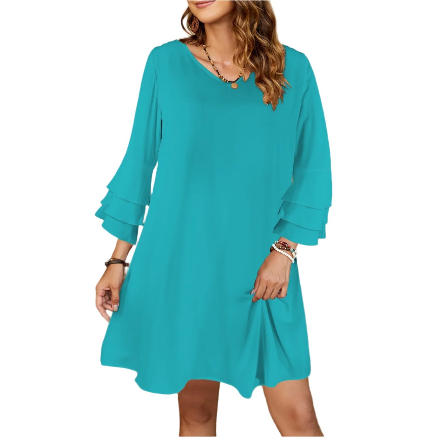 Turquoise Tier Bell Sleeve Dress