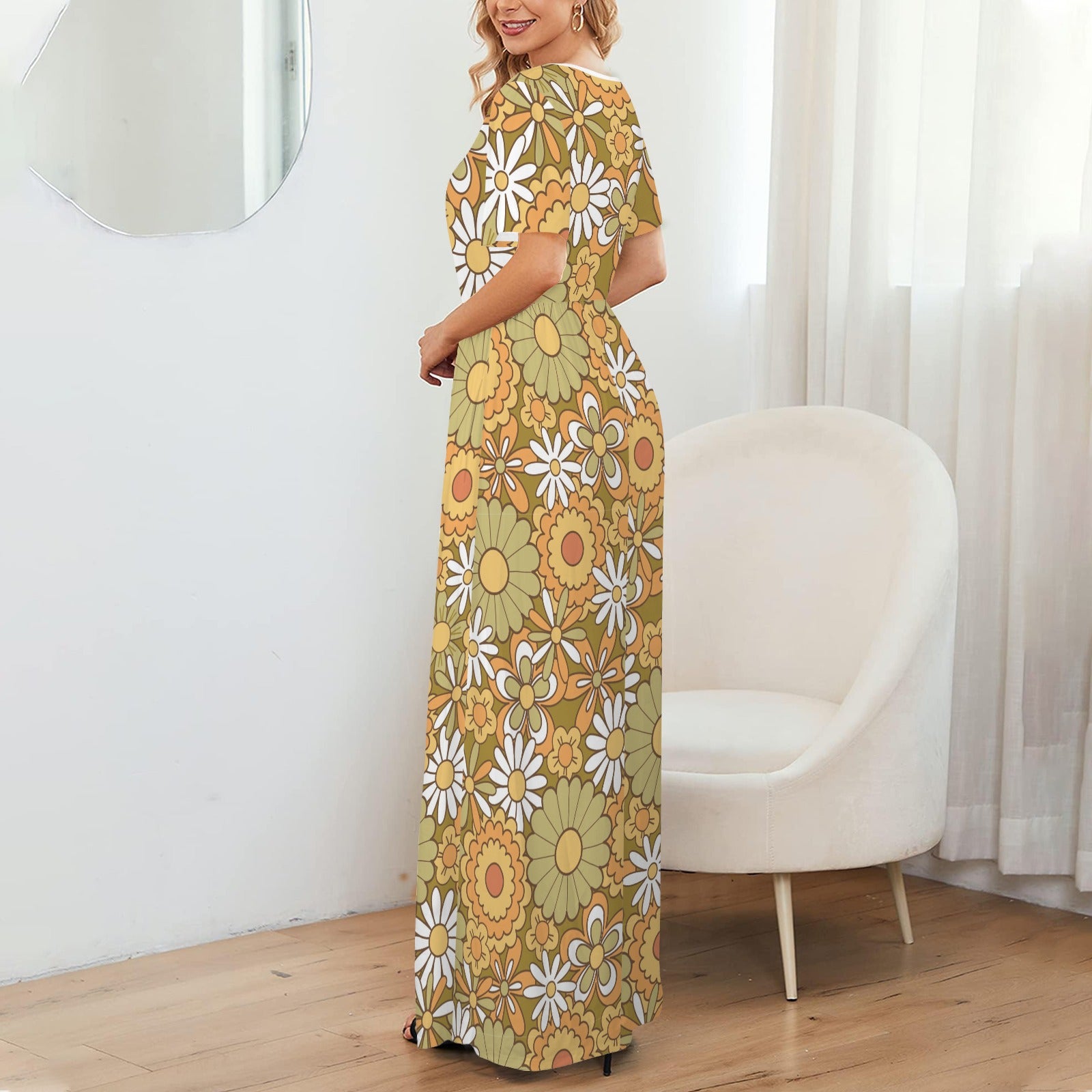 60s 70s green floral maxi dress