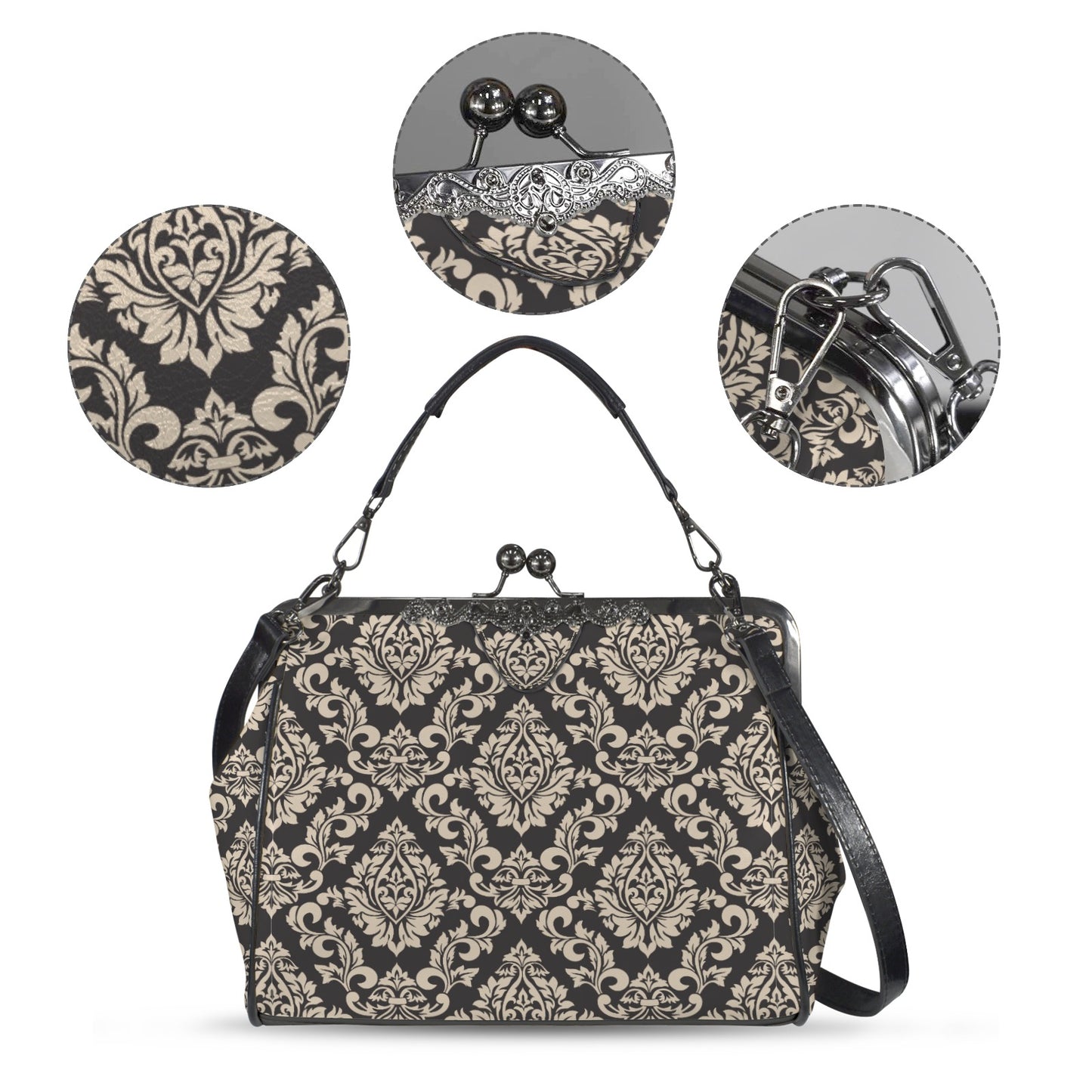 Retro 60s Style Handbag | Dark Gray Damask Vintage Clasp Purse | Retro handbag