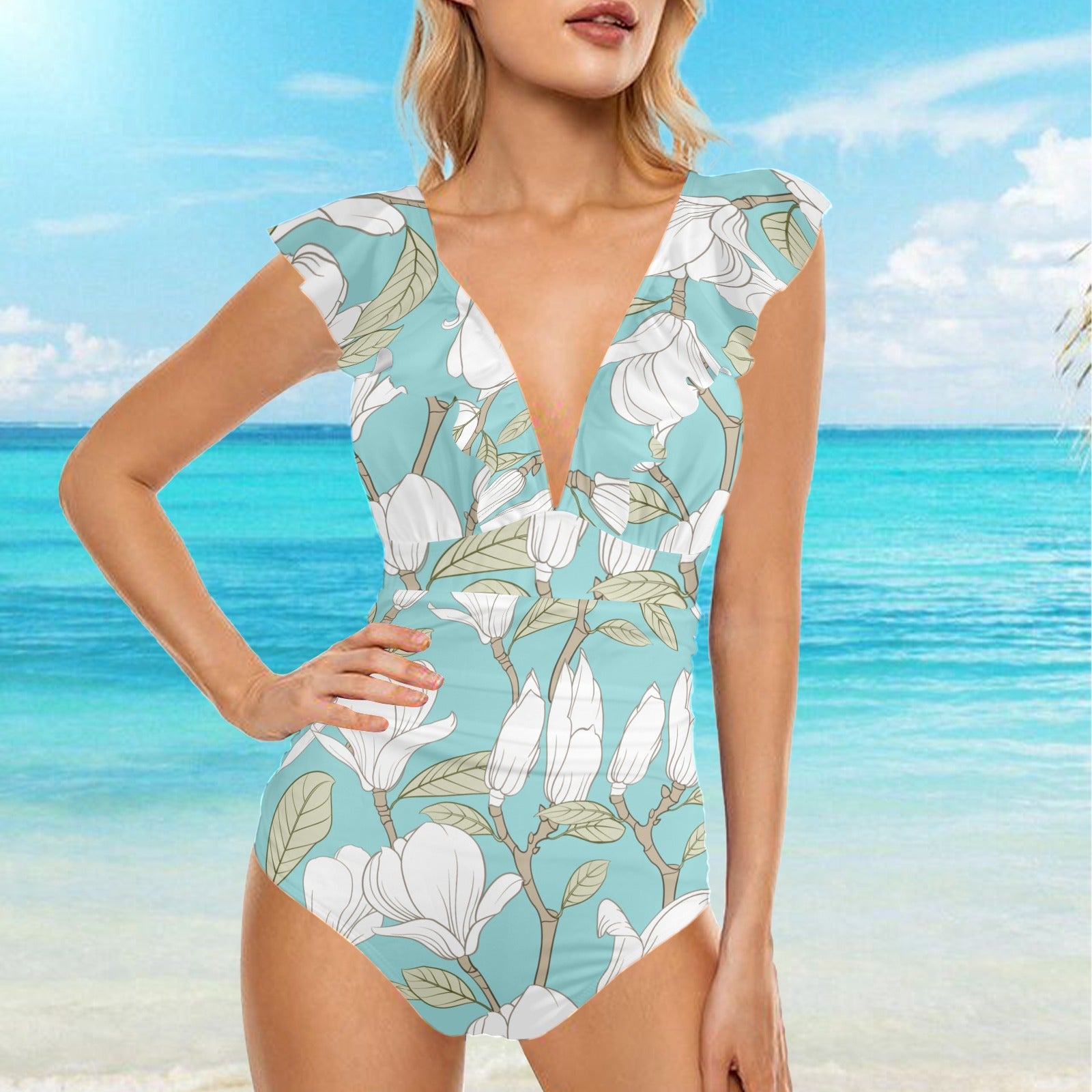 Blue Floral Ruffle Swimsuit