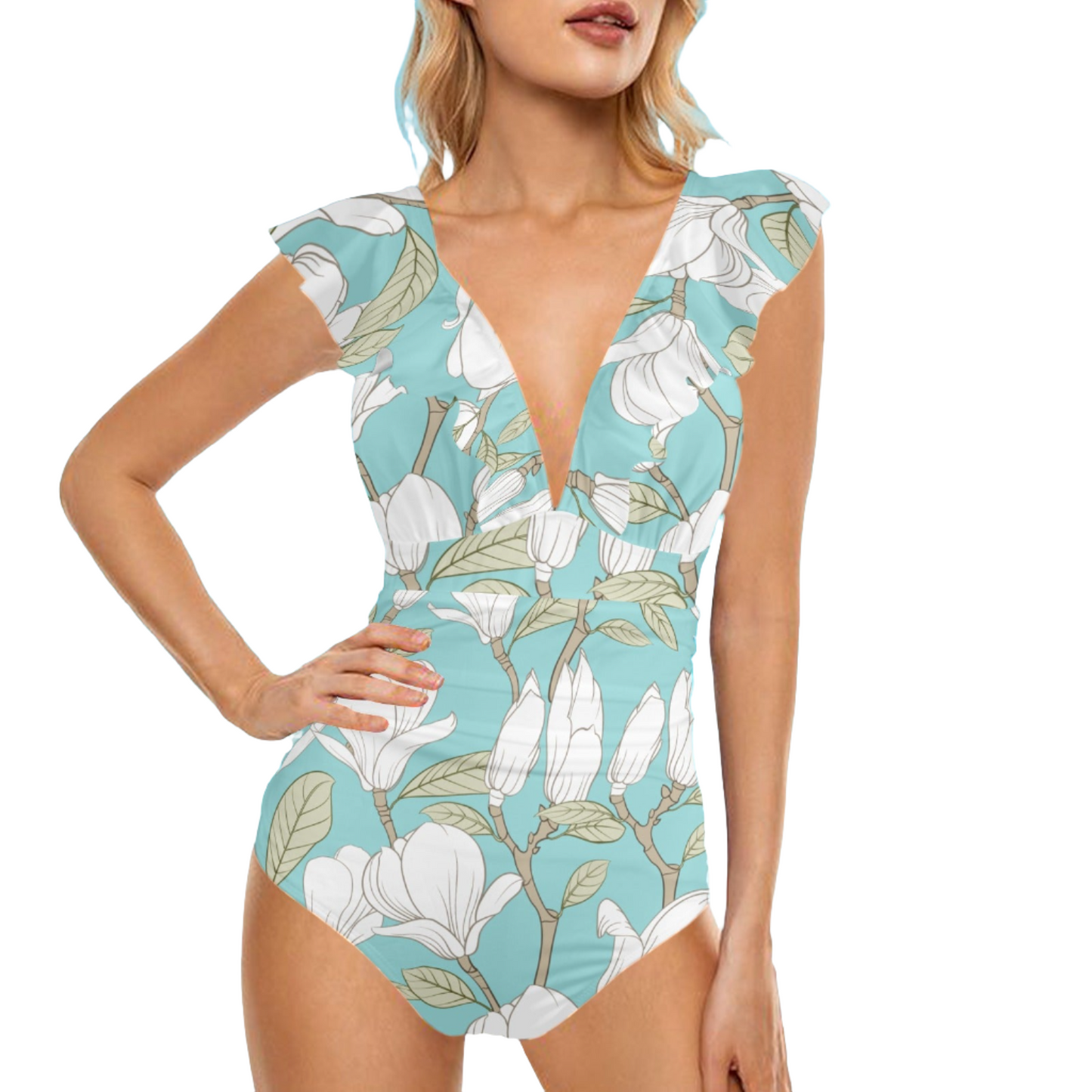 Ruffle Light Blue Swimsuit, Floral Swimsuit, 70s inspired Swimsuit, Retro Swimwear, One Piece Swimsuit