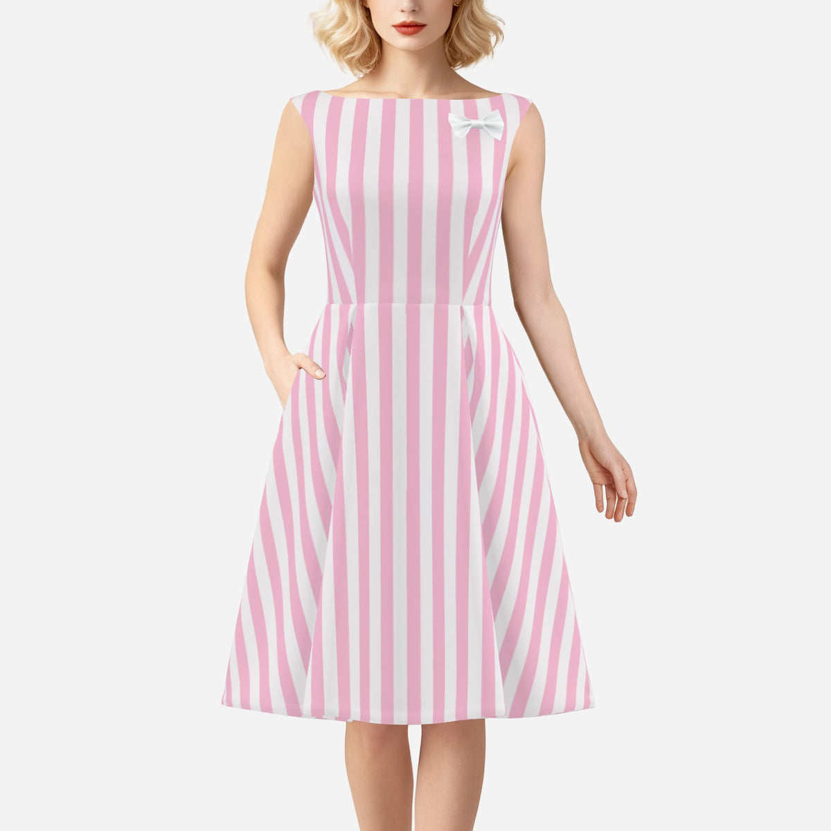 Women’s 50s Style Dress | Pink Stripe Vintage Inspired Satin Dress | Removable Bow | Pleated A-Line Midi Dress