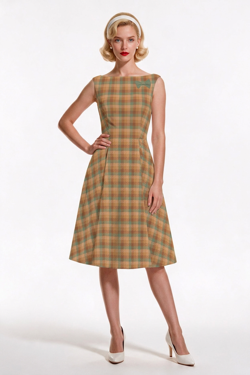 Women’s Brown Mint Green Plaid 50s Dress | Satin A-Line Dress with Removable Bow