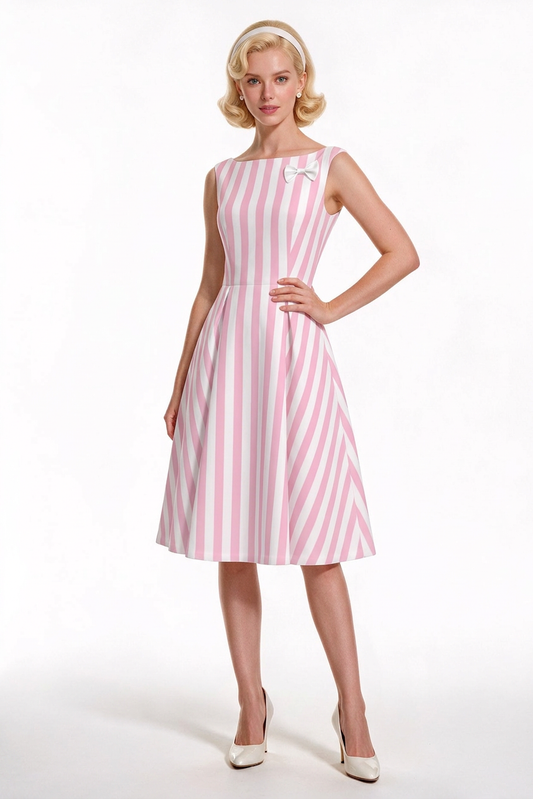 Women’s 50s Style Dress | Pink Stripe Vintage Inspired Satin Dress | Removable Bow | Pleated A-Line Midi Dress