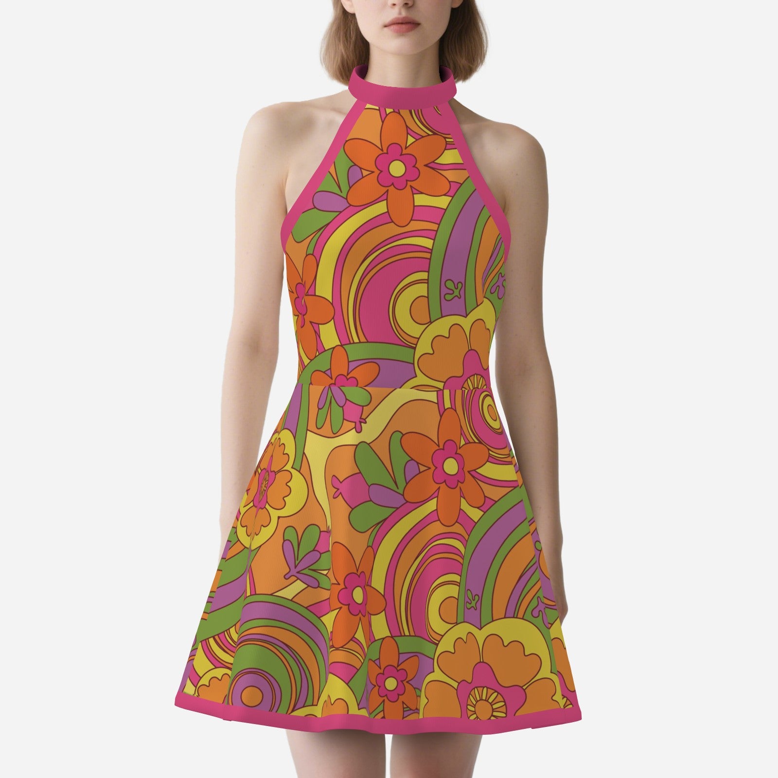 60s 70s Style Dress | Mod Floral Halter Mini Dress | Hippie Multicolor Pink A-Line Mini Dress