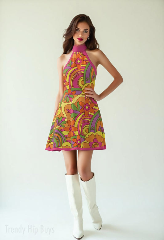 60s 70s Style Dress | Mod Floral Halter Mini Dress | Hippie Multicolor Pink A-Line Mini Dress