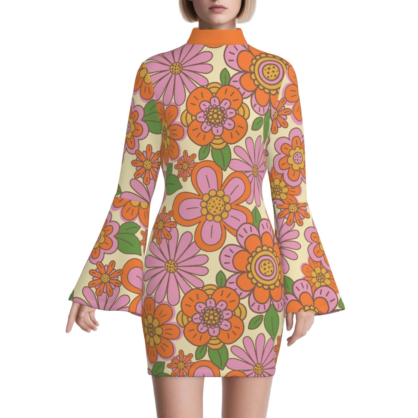 70s Style Dress | Orange Floral Bell Sleeve Mini Dress | Retro Turtleneck Disco Shift Dress