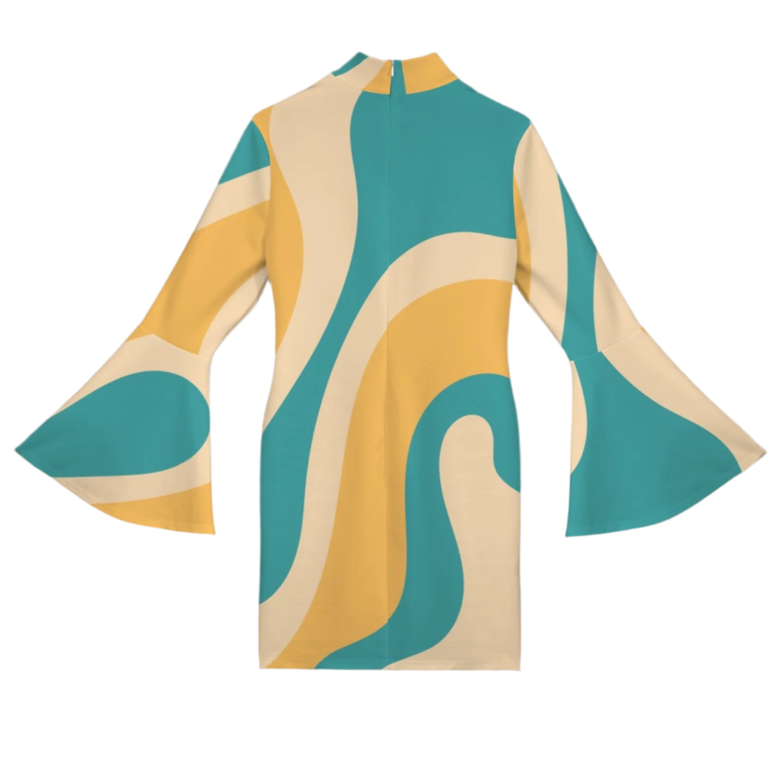 60s 70s Groovy Turquoise Yellow Mod bell Sleeve Dress, Turtle Neck Dress