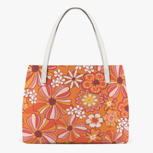 Vintage 60s & 70s Style Floral Tote Bag | Retro PU Leather Handbag | Orange Boho Shoulder Bag