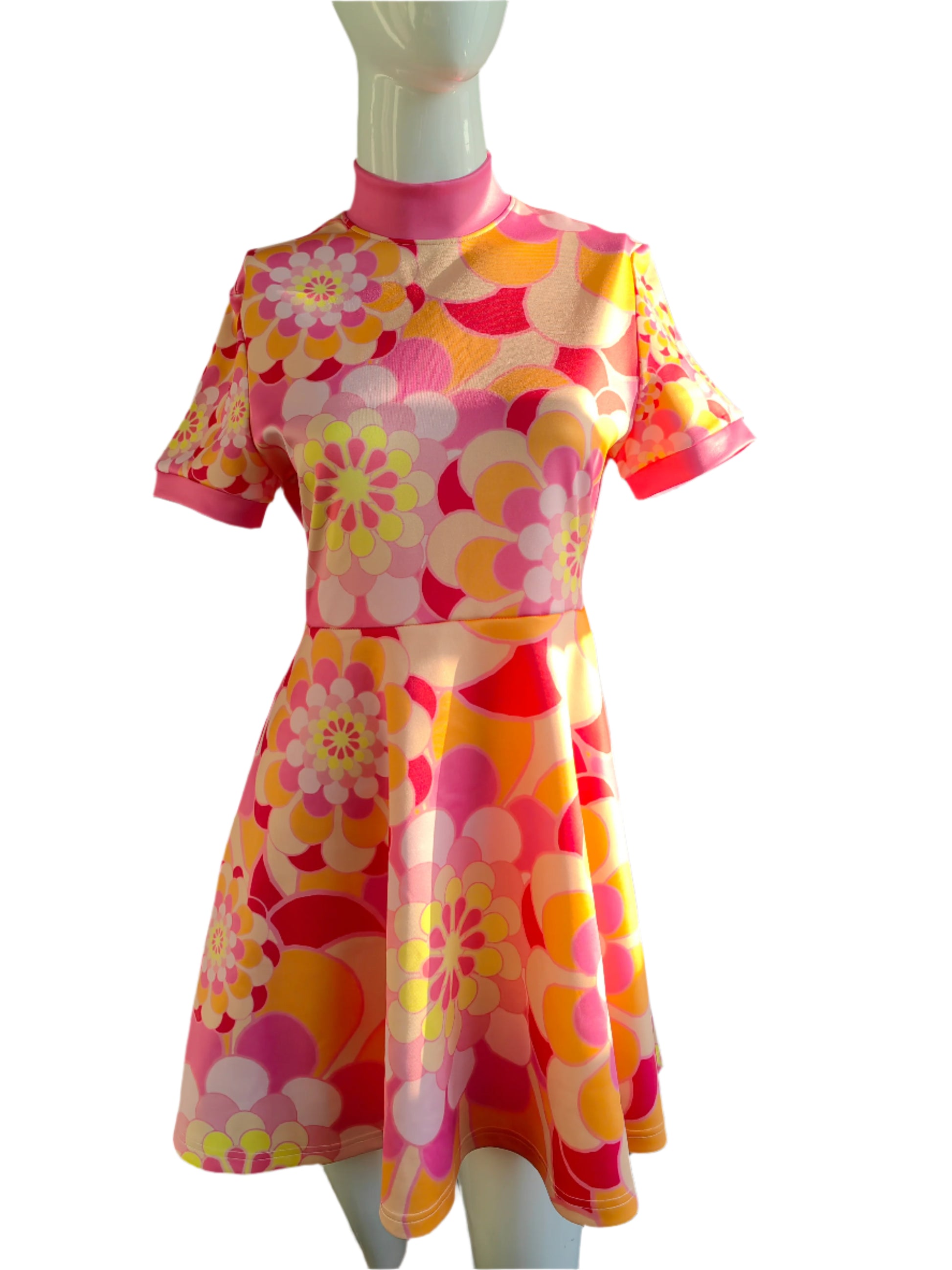 60s inspired Mod orange pink dress, retro turtleneck dress