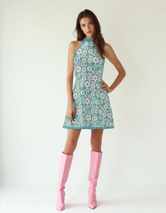 Vintage 60s Style Dress, Retro Turquoise Dress, Mod Turquoise Halter mini Dress, Retro Floral Mini Dress