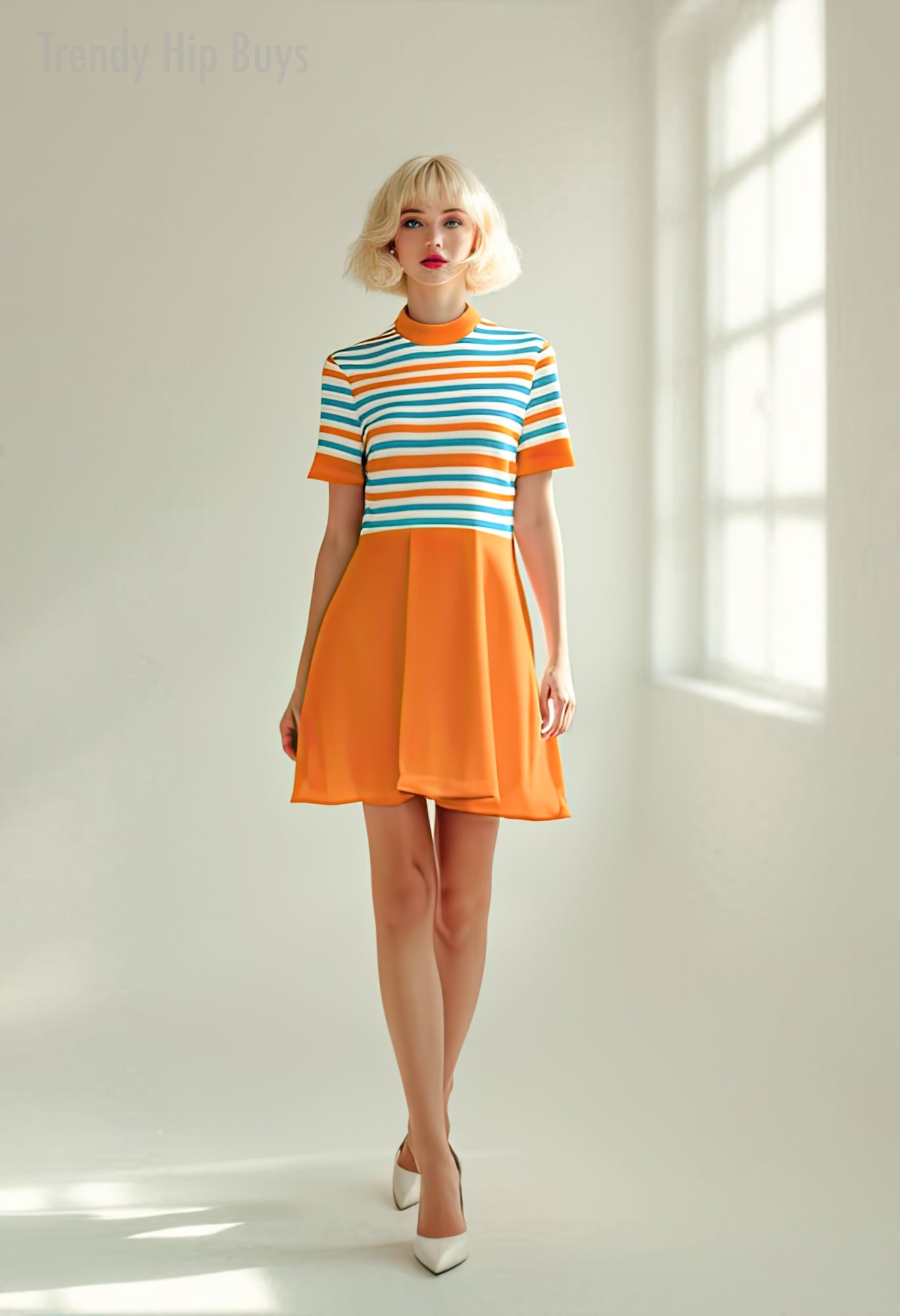 mod mini dress, orange stripe dress, mod 60s dress style, blue orange stripe dress, turtleneck mini dress, retro aline dress, 60s inspired dress, day dress