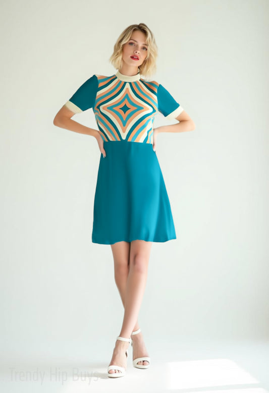 60s Style Turquoise Mod Mini Dress | Op Art Geometric GoGo Dress | Retro Turtleneck Dress