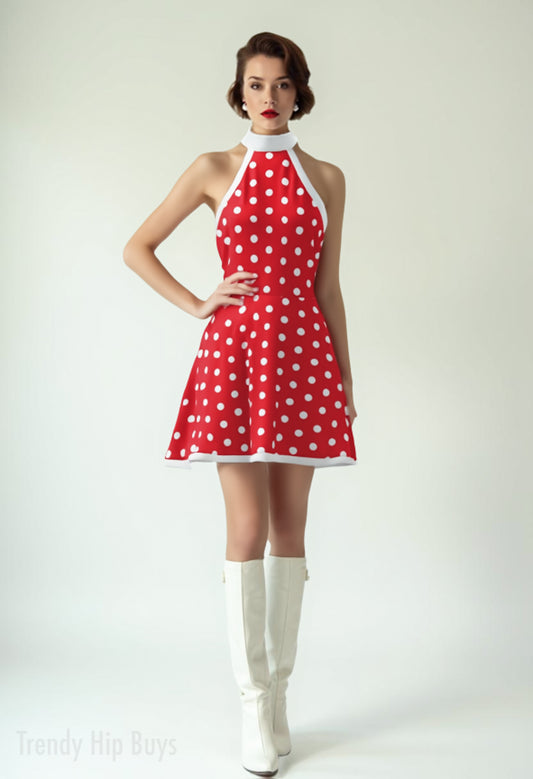 50s 60s Dress Style, Retro Red Polka Dot mini dress, Red Polka Dot Halter Mini Dress, Red Sleeveless Dress