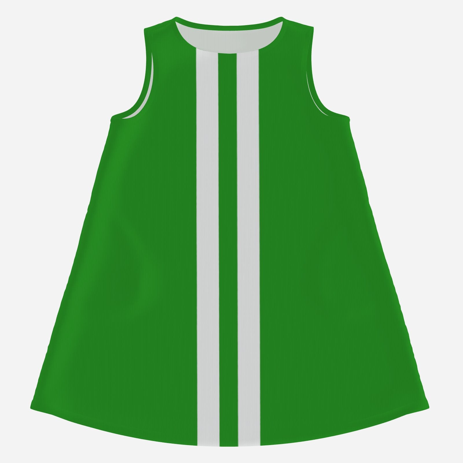 60s green go-go mini dress with white stripe detail, scoop neckline, sleeveless tent silhouette, and pockets. Vintage mod dress by Trendy Hip Buys.