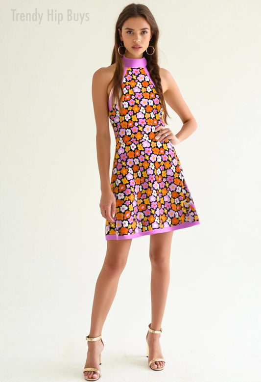 60s Dress Style, Floral Pink Mod Dress, 60s inspired mini dress, 60s Go Go Dress, Halter mini dress