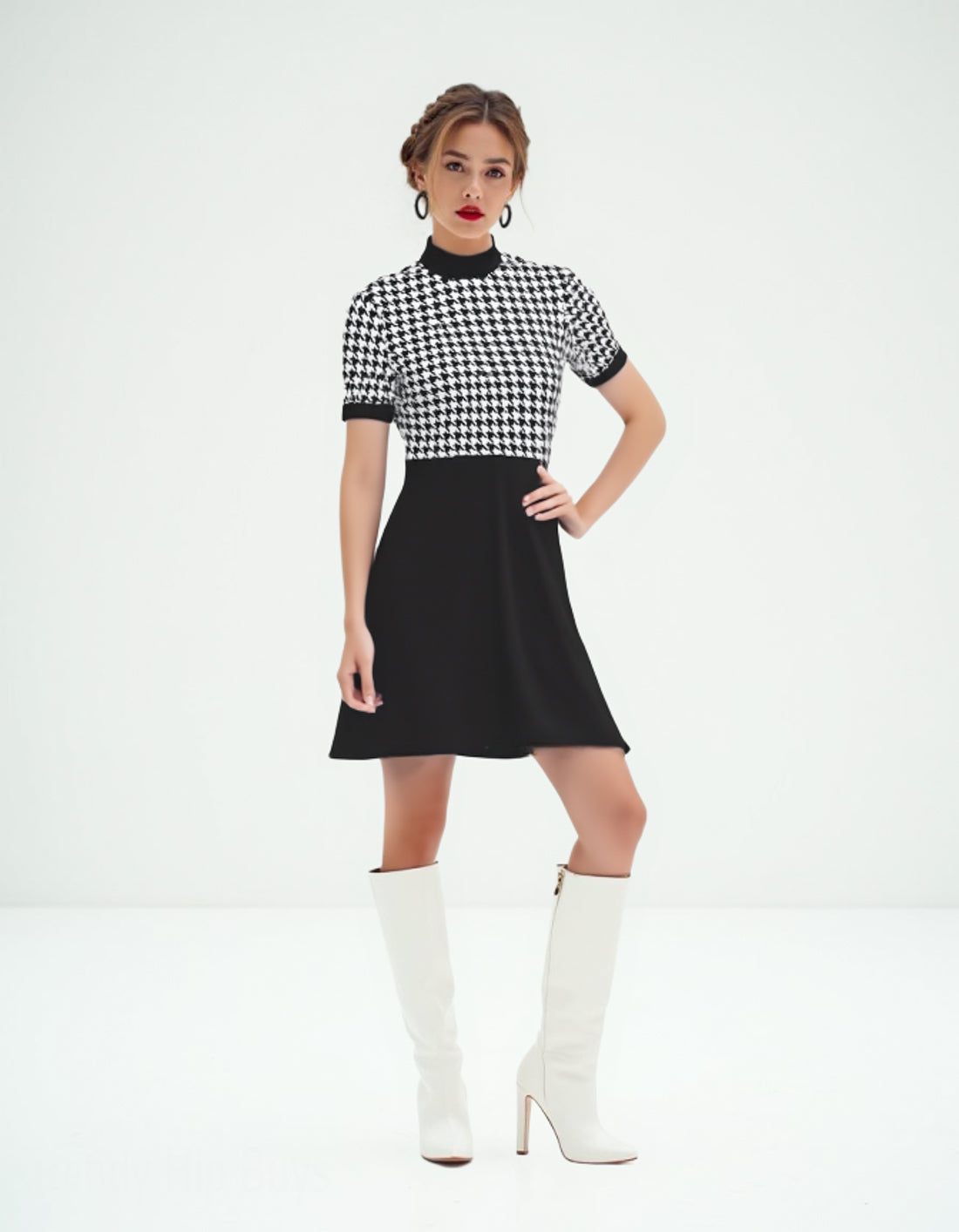 60s Dress Style Black Houndstooth Mod Mini Dress | Retro Turtleneck GoGo Dress | 60s Inspired Dress