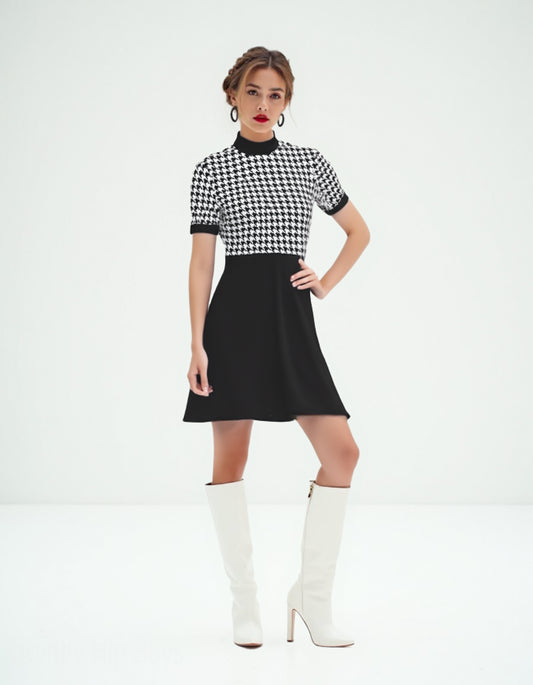 60s Dress Style Black Houndstooth Mod Mini Dress | Retro Turtleneck GoGo Dress | 60s Inspired Dress