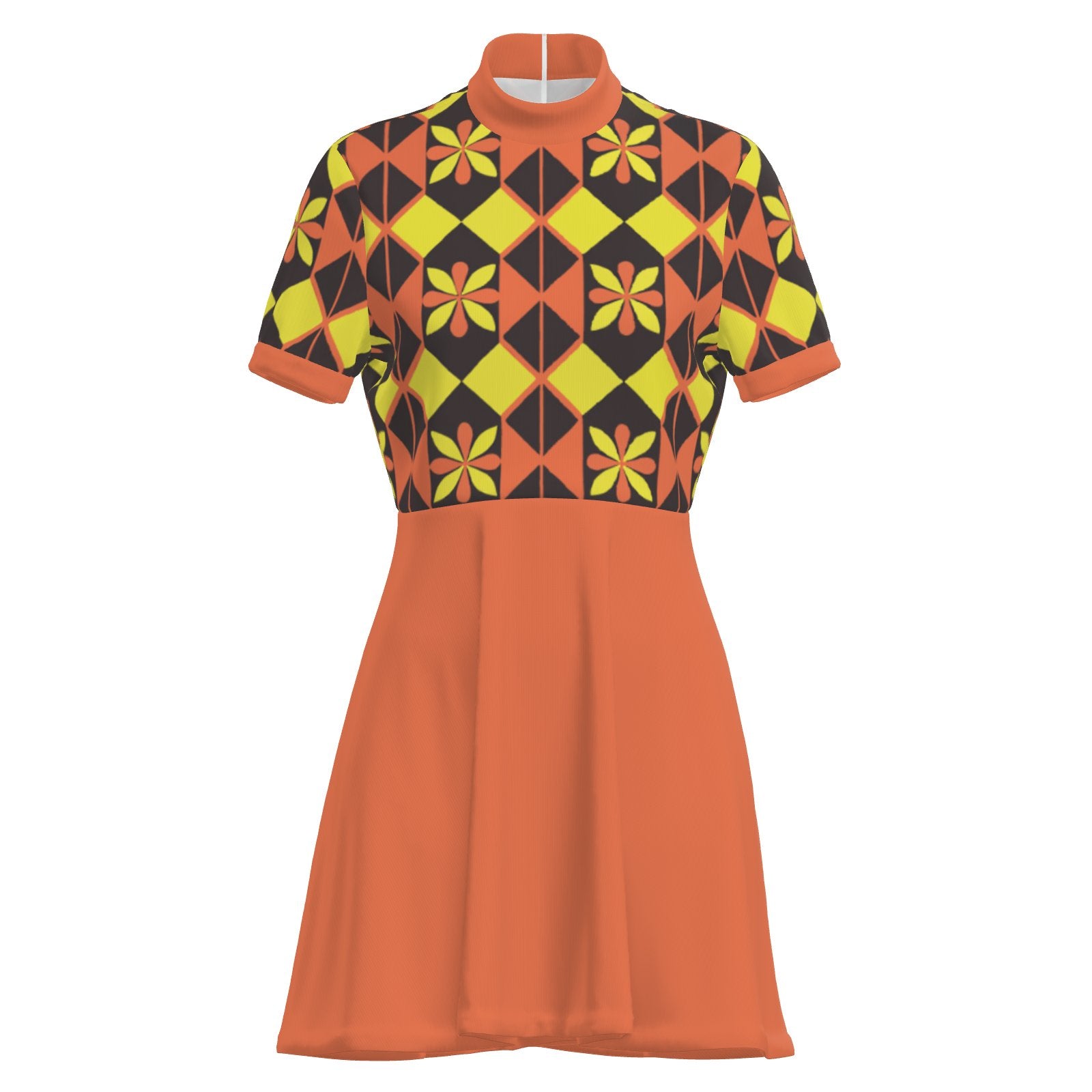 Mod Orange Dress, 60s inspired Dress, Space Age Retro Geometric Turtleneck GoGo Mini Dress