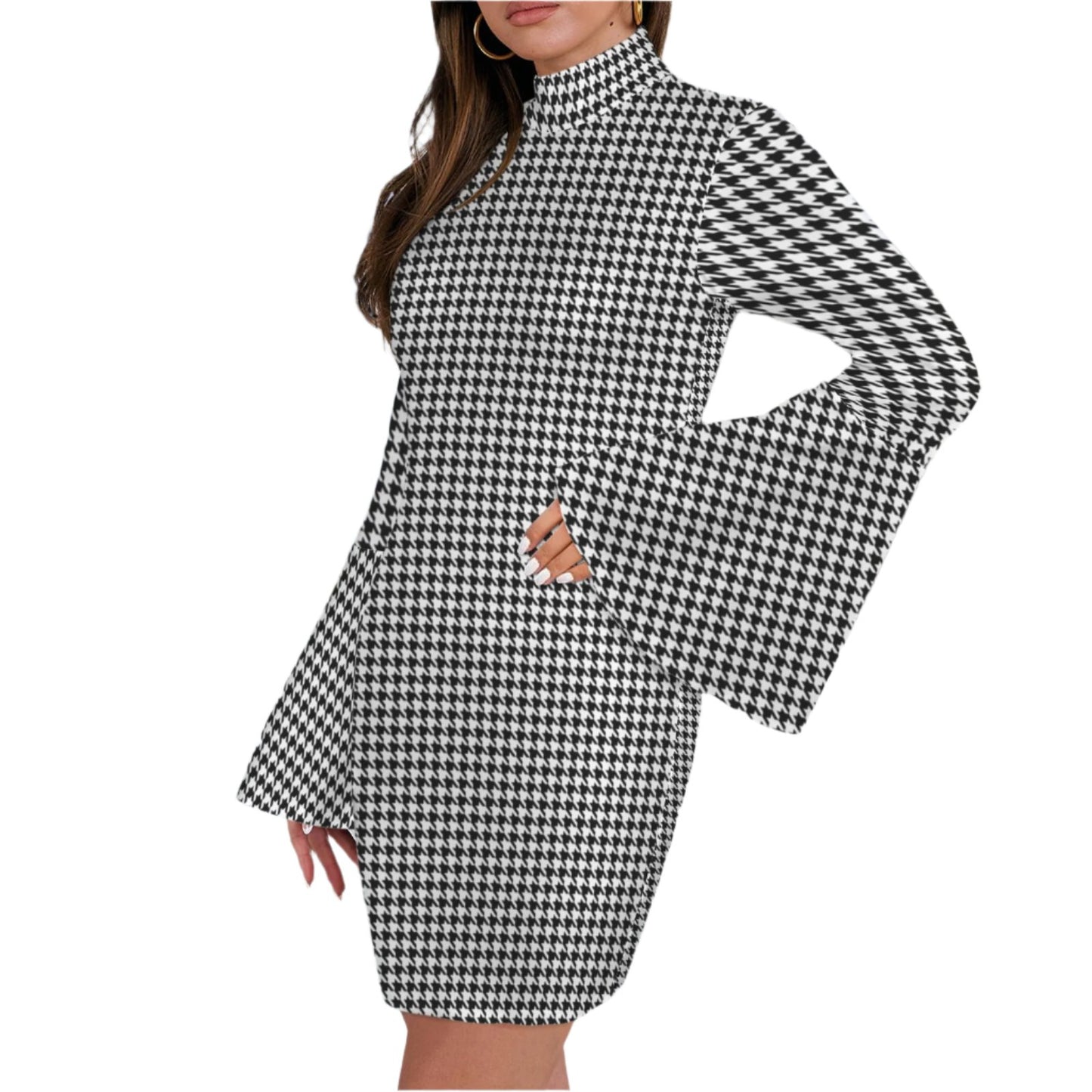 Black Houndstooth Bell Sleeve Dress