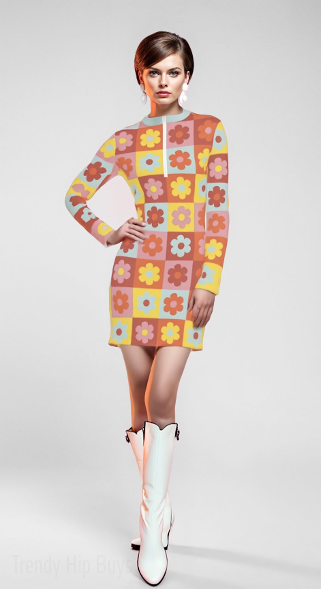 Women’s Mod 60s Style Dress | Cute Floral Scuba Mini Dress | Vintage 60s Inspired Long Sleeve Dress