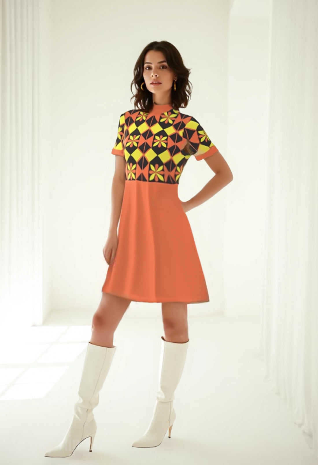 Mod Orange Dress, 60s inspired Dress, Space Age Retro Geometric Turtleneck GoGo Mini Dress Orange / 5XL