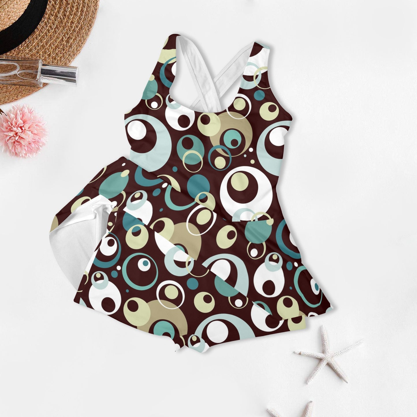 Mod 60s Brown Multicolor Skirt Swimsuit