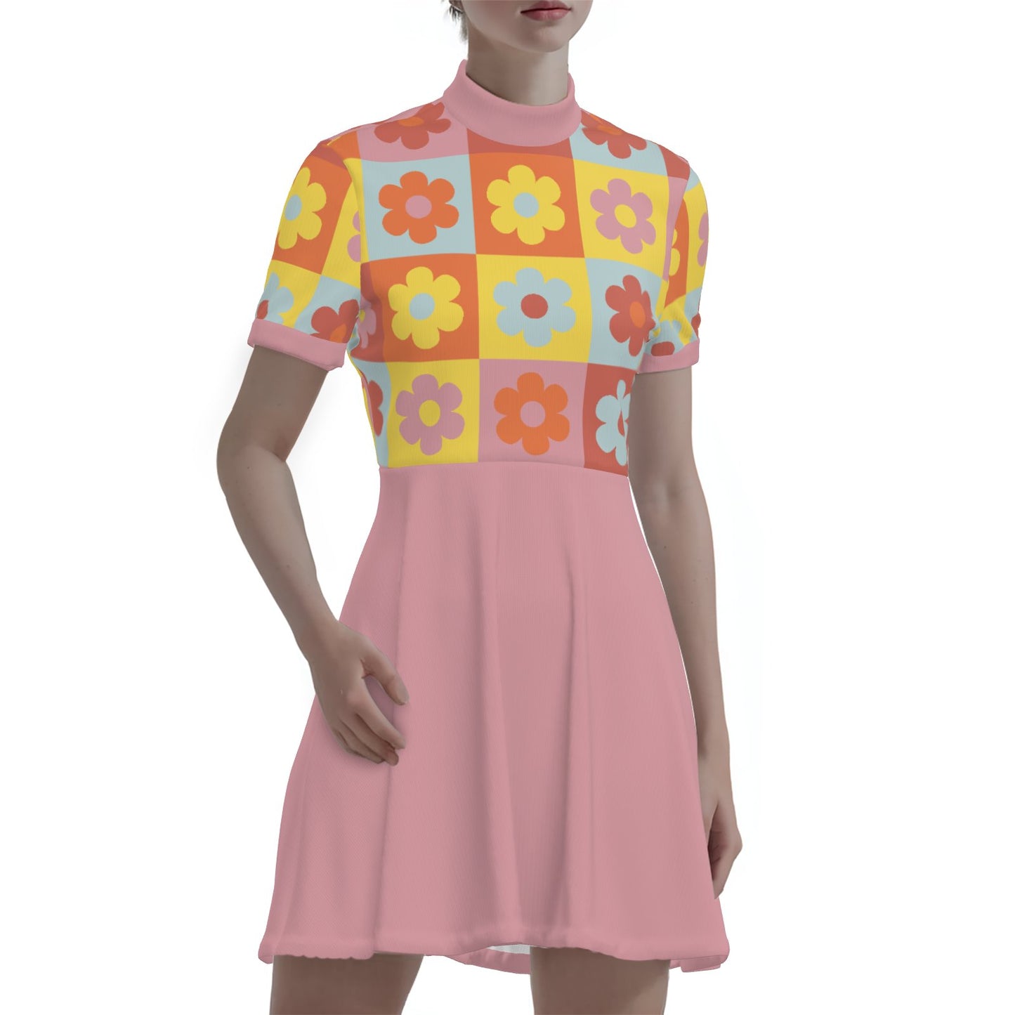 60s Dress Style, Pink Floral Mod Mini Dress,  Retro Mod Pink GoGo Dress, 60s Turtleneck Dress