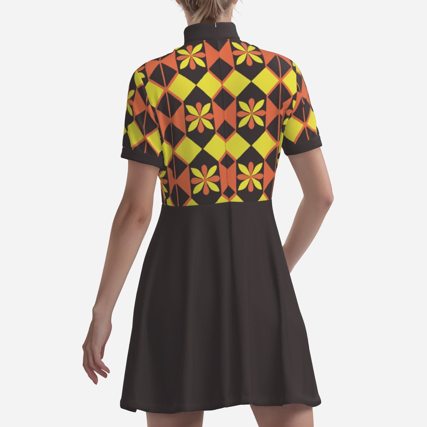 60s Space Age Mod Dress | Retro Geometric GoGo Mini Dress | Brown Turtleneck Vintage A-Line Dress