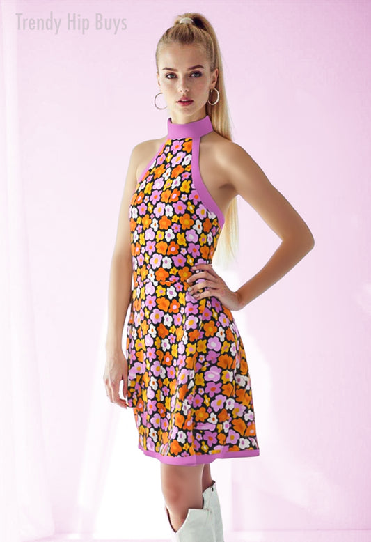 60s Dress Style, Floral Pink Mod Dress, 60s inspired mini dress, 60s Go Go Dress, Halter mini dress