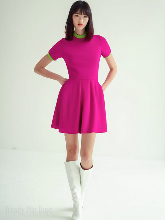 60s inspired dress, 60s Mod Neon Pink Mini Dress | Retro A-Line Turtleneck Dress, Pink Go Go Dress