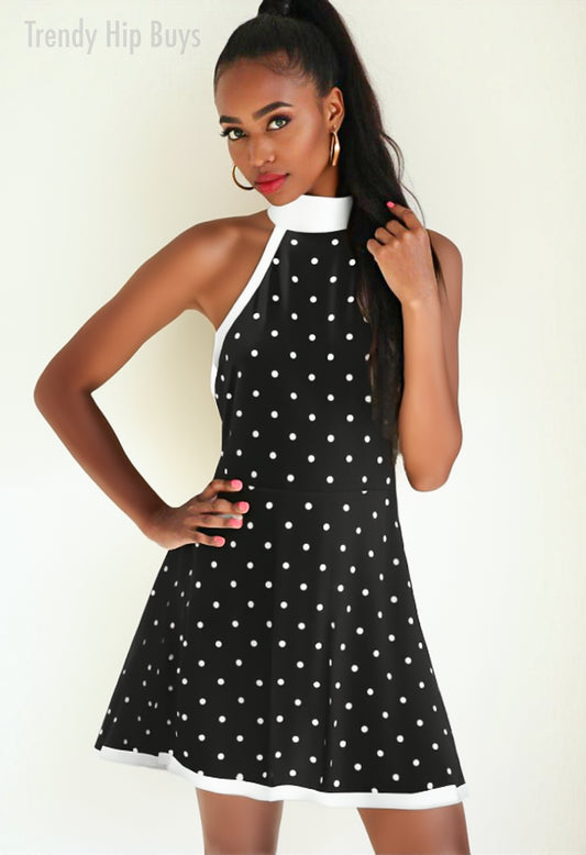 Vintage 60s Style Black Polka Dot Dress | Mod Dress| Black Halter Mini Dress | Retro A-Line mini dress