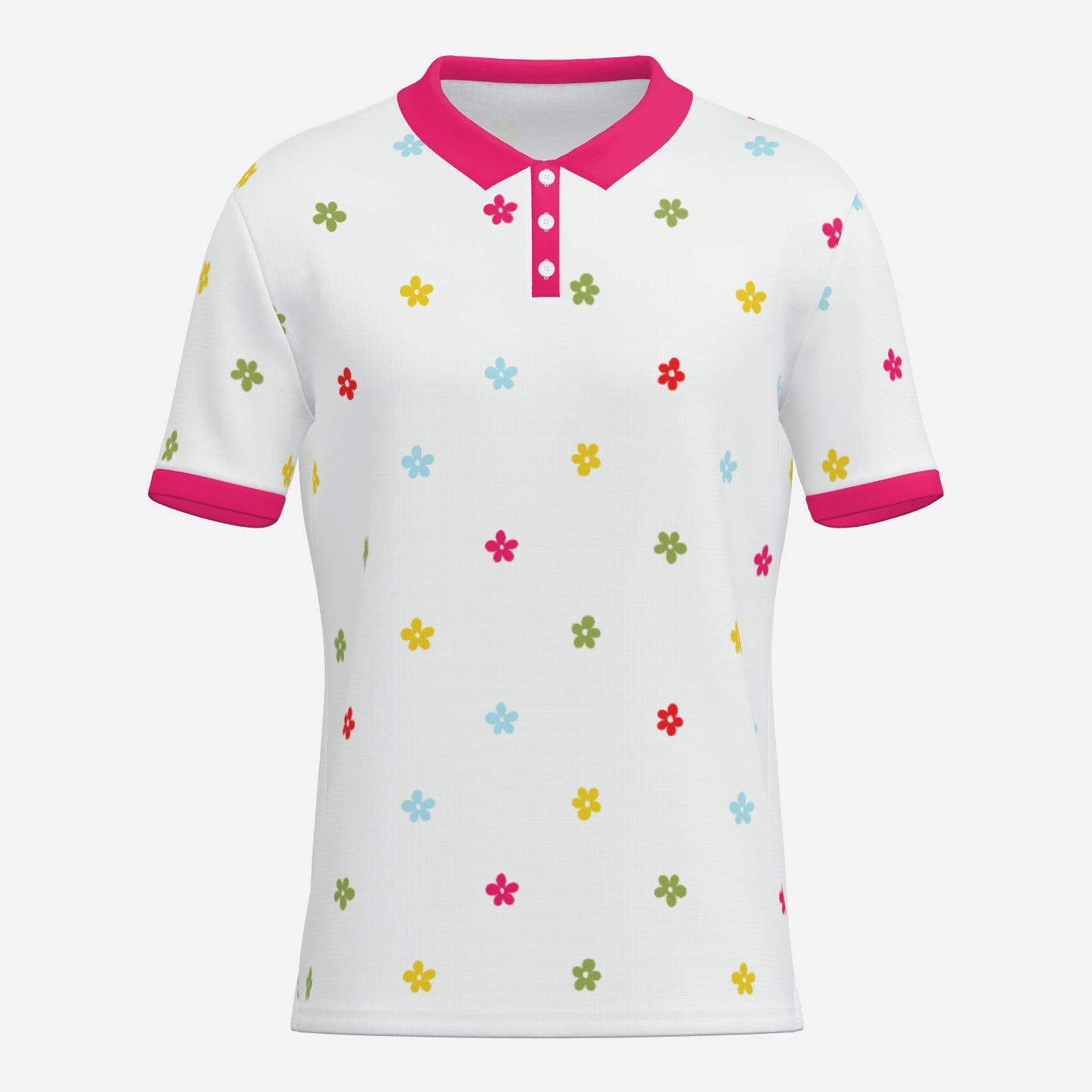 Mod 60s floral polo shirt with UPF 50+ sun protection. Unisex vintage-inspired polo featuring a white background, colorful floral print, and fuchsia pink trim.