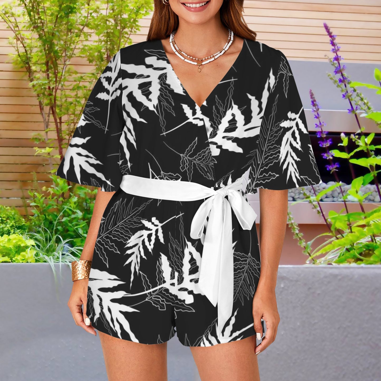 black white leaf romper