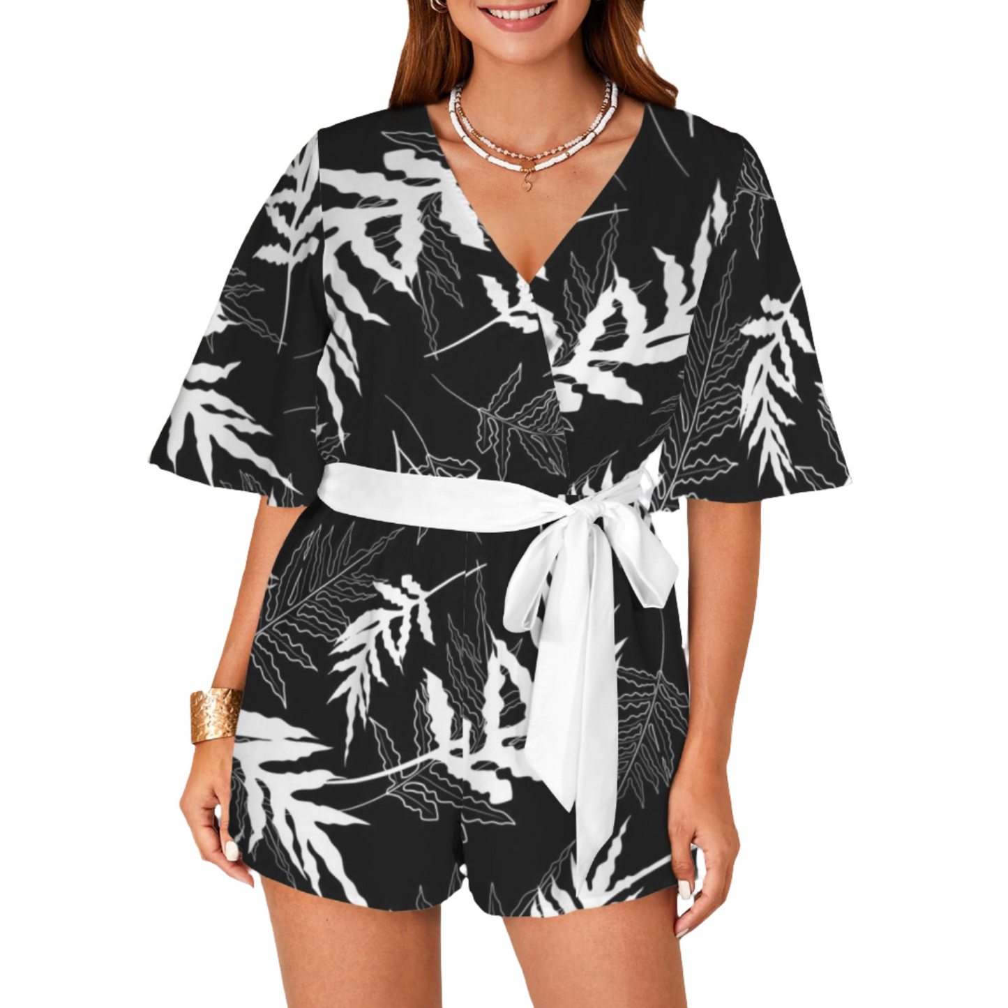 Summer Romper, Black Bell Sleeve Romper, Black and White Leaf Print Jumper, Retro Romper