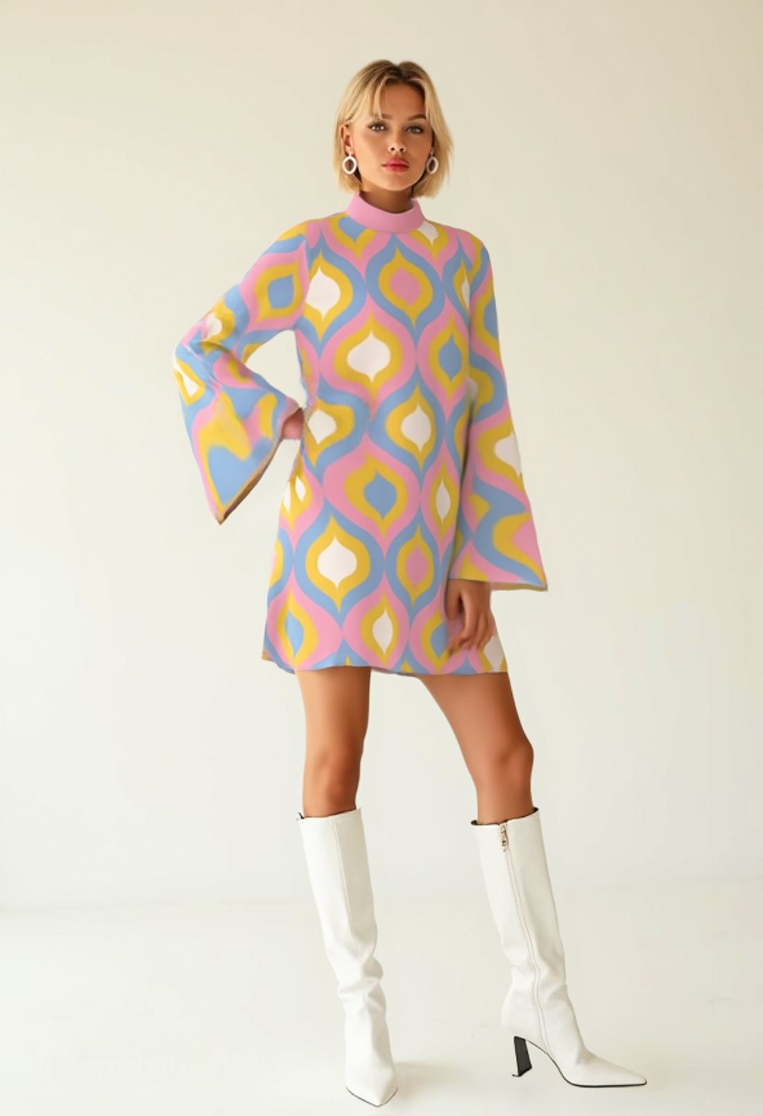 70s Disco Dress | Groovy Pink Turtleneck Bell Sleeve Dress | Retro Geometric Tent Mini Dress | Mod 60s 70s Style