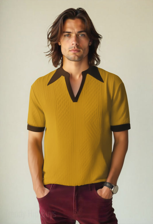 70s Style Polo Shirt | Retro Mustard Yellow Jacquard Knit Polo | Vintage Dagger Collar Polo Shirt 