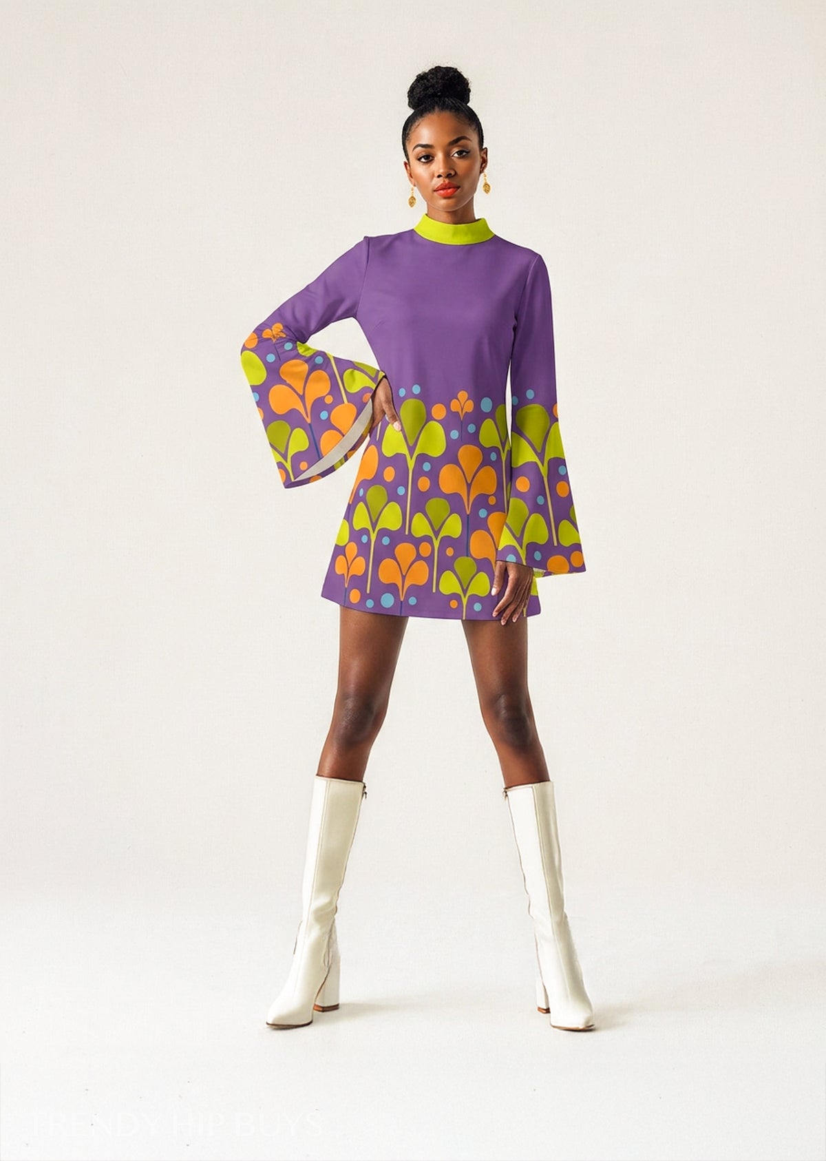 Women's Hippie 70s Purple Bell Sleeve Dress | Retro Floral Tent Dress | Vintage Inspired Boho Dress