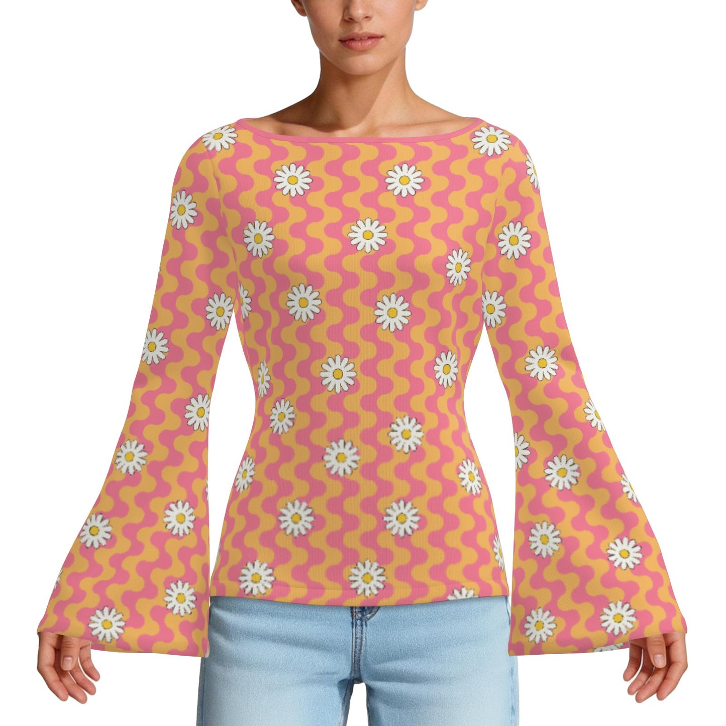 70s Orange Pink Bell Sleeve Top | Women's Retro Hippie Floral Shirt | Vintage Bell Sleeve T-Shirt | Boho Long Sleeve Blouse