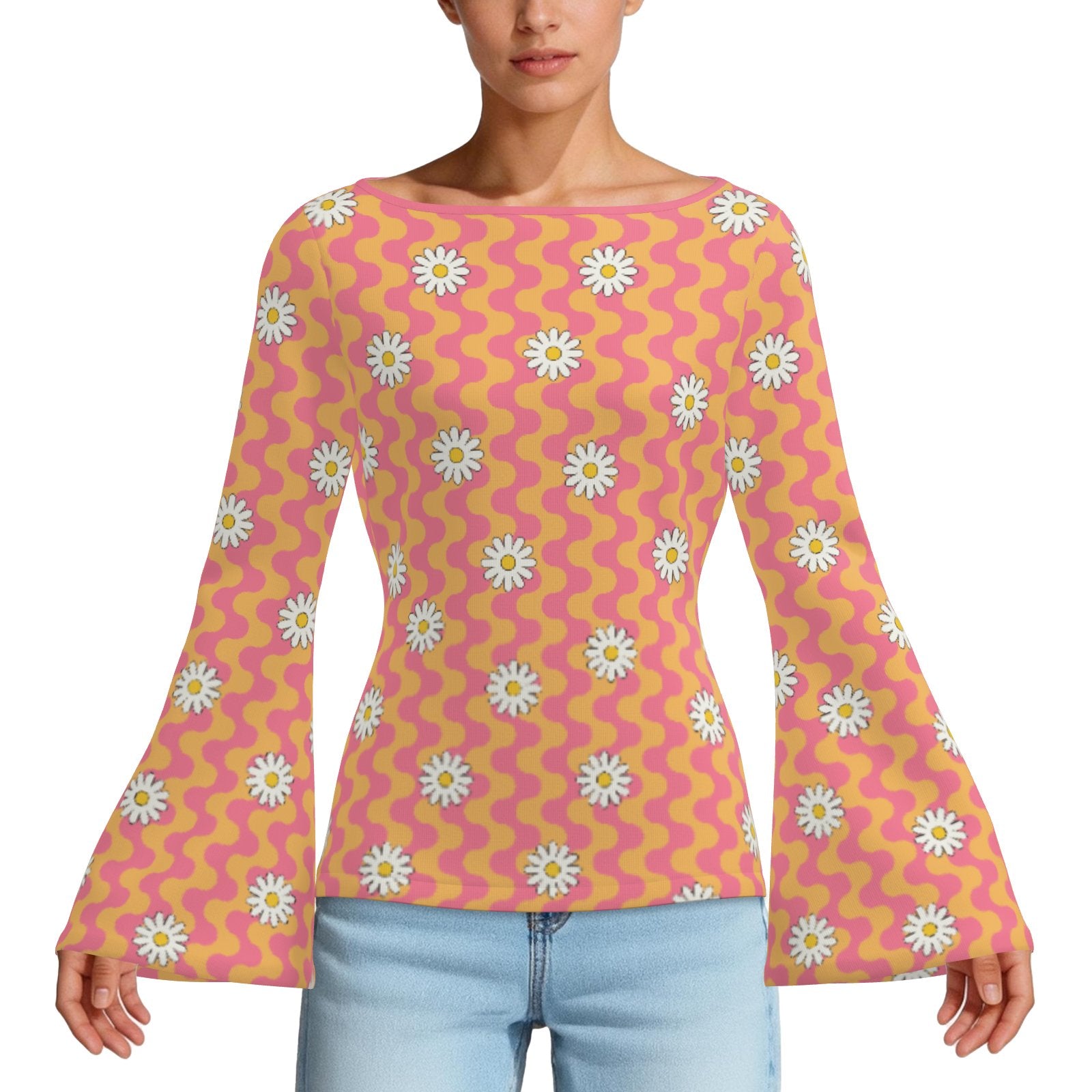 70s Orange Pink Bell Sleeve Top | Women's Retro Hippie Floral Shirt | Vintage Bell Sleeve T-Shirt | Boho Long Sleeve Blouse