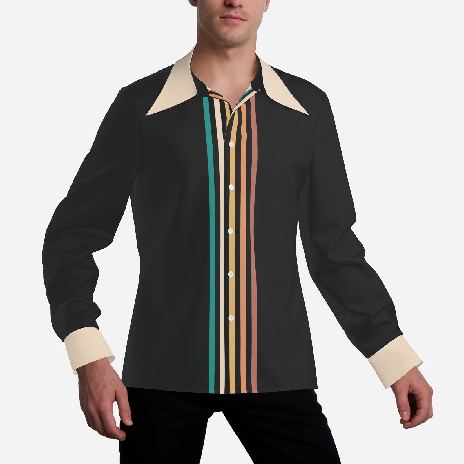 70s Style Shirt Men, 70s Wing Collar Shirt, 70s Hippie Shirt, Brown Stripe Shirt, Boho Shirt Men
