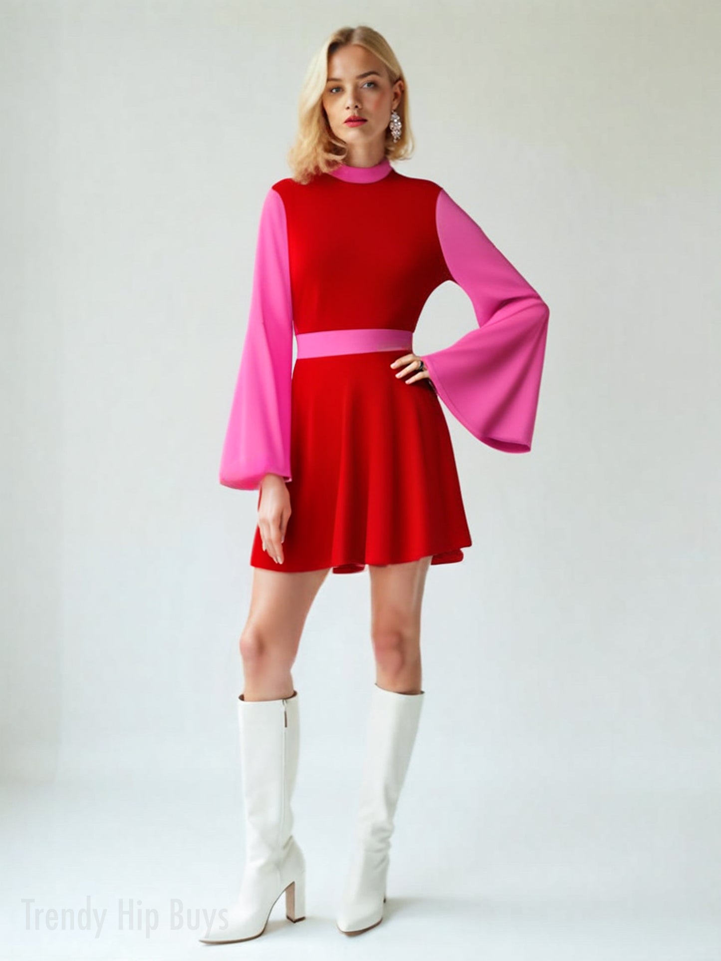 retro Chiffon dress, 70s disco Dress, 70s inspired Pink Red Dress, pink bell sleeve dress