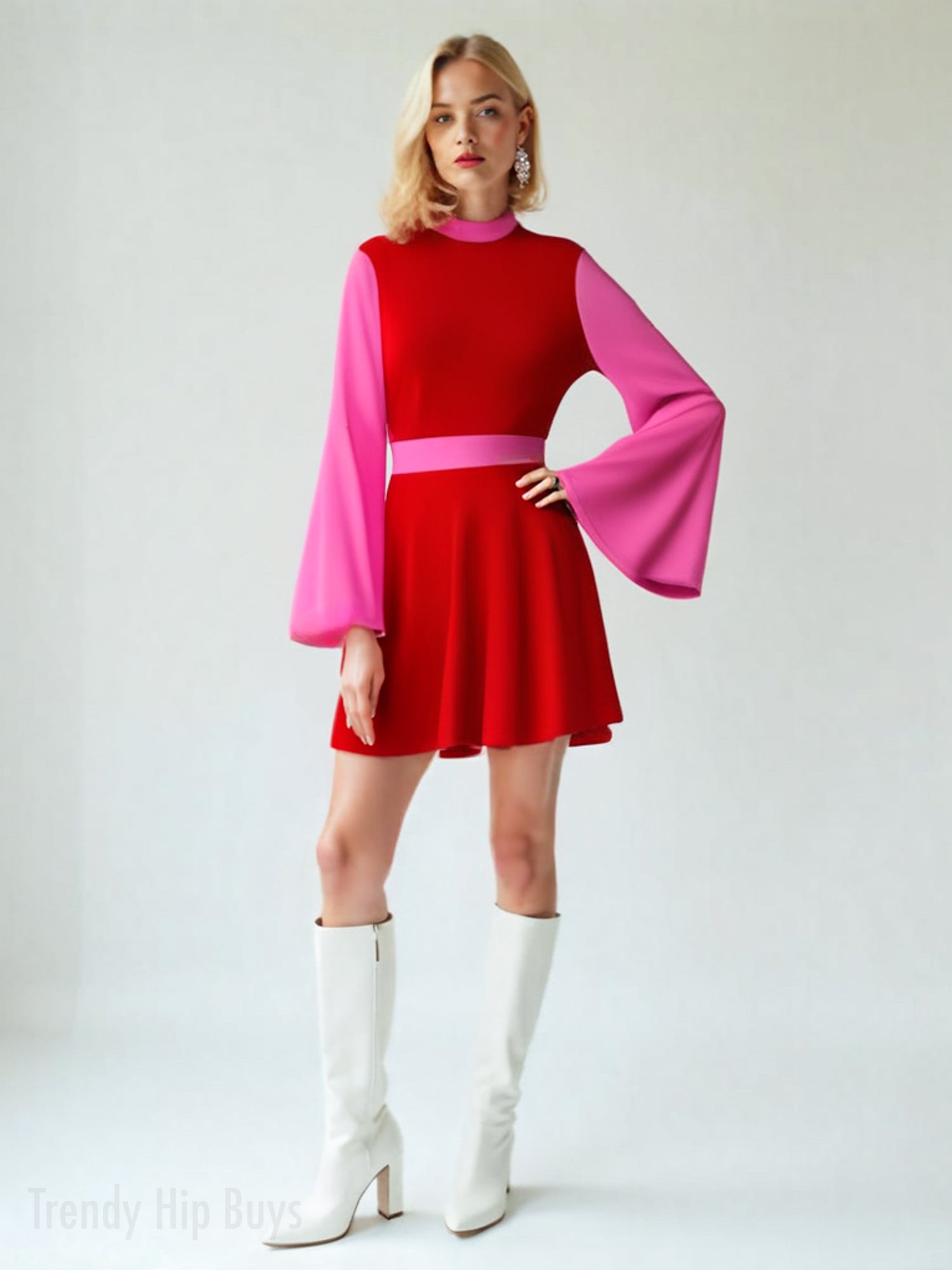 retro Chiffon dress, 70s disco Dress, 70s inspired Pink Red Dress, pink bell sleeve dress