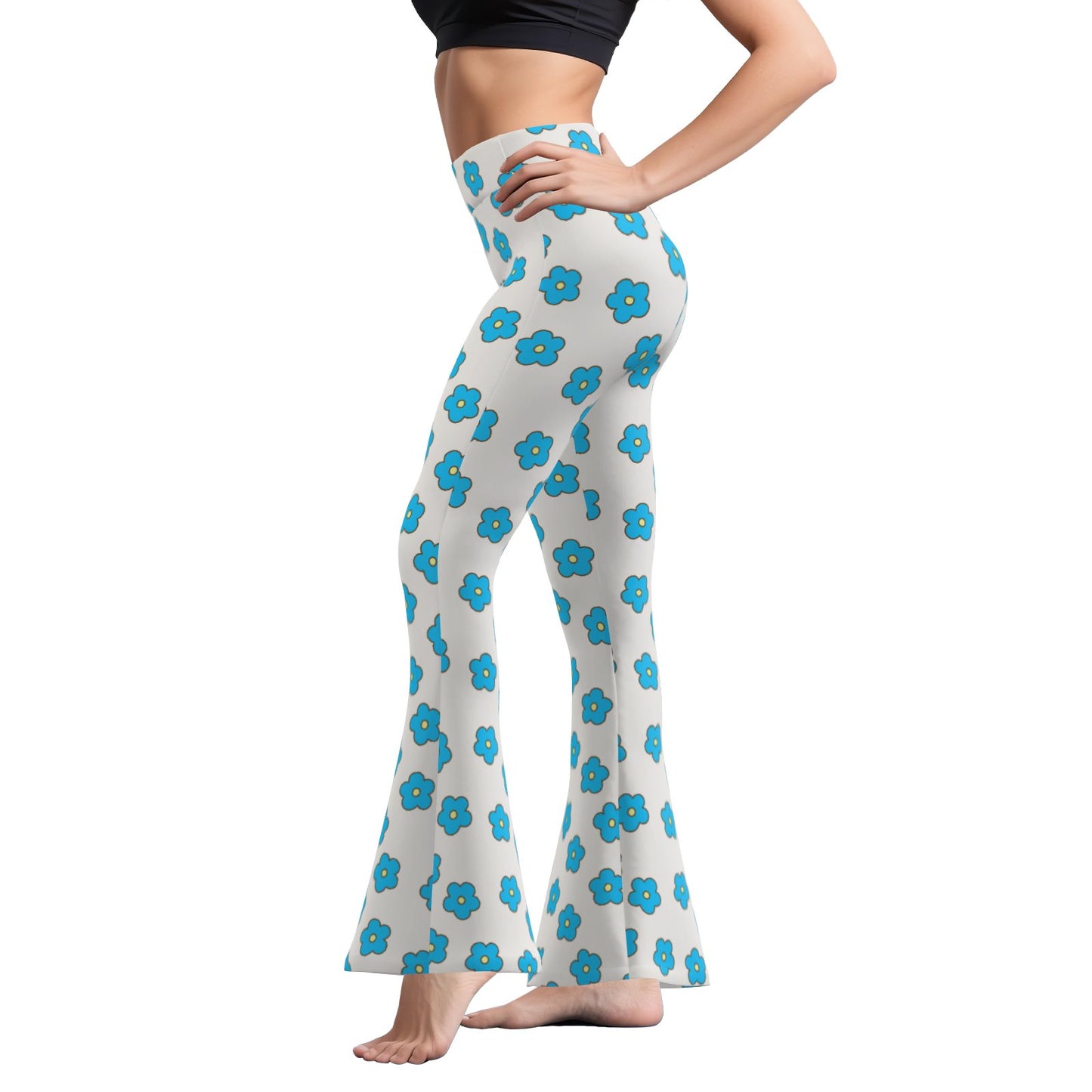 70s Turquoise Bell Bottom Pants | Retro Wide Leg Yoga Pants | Turquoise Floral Vintage Flare Leggings Women 